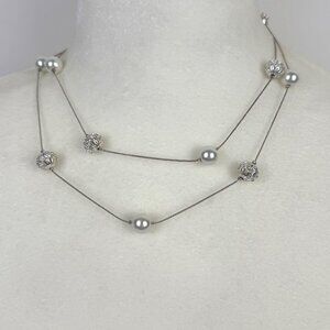 Chaps Women's Silver-Tone Faux-Pearl & Silver Ball Station Necklace 34"